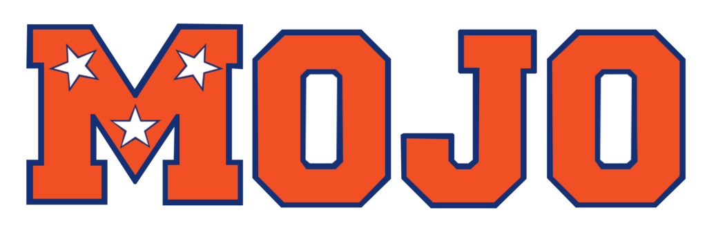 Mojo block lettering orange with dark blue outline