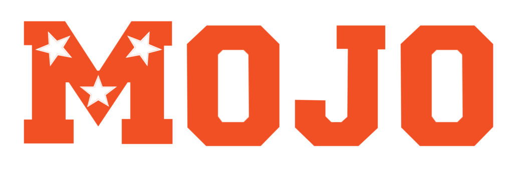 Mojo block lettering orange with white outline