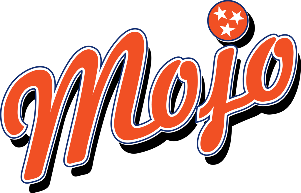 Mojo cursive logo orange with white and dark blue outline