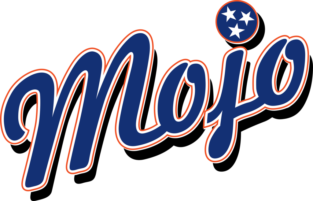 Mojo cursive logo blue with white and orange outline