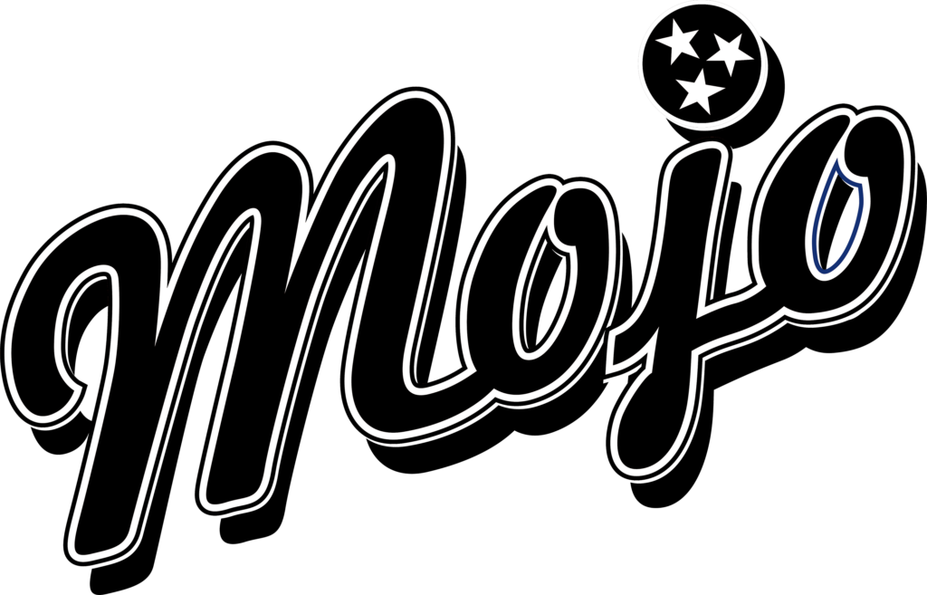 Mojo cursive logo black with white and orange outline